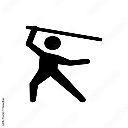 Silhouette of a person holding a long stick above their head in a dynamic pose with legs apart and arm extended