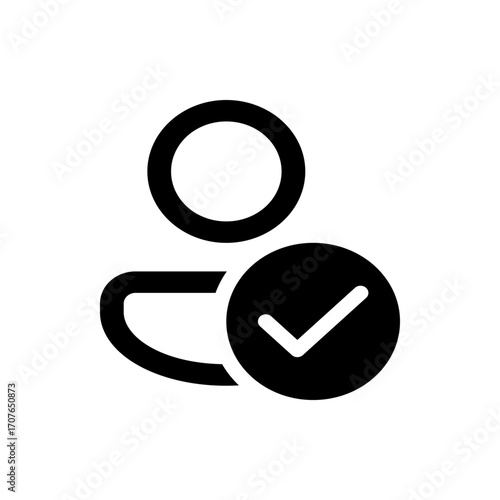 Person icon with a check mark indicating approval or completion in a simple black and white design style