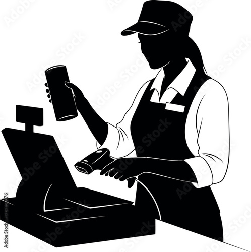 Vector art of cashier scanning item at checkout counter, silhouette illustration transparent background