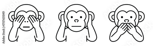 three wise monkeys line icons