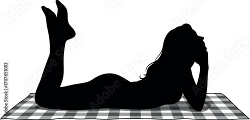 Vector art of silhouette of a woman lying on a picnic blanket, transparent background