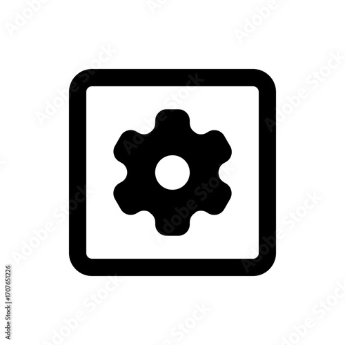 Black gear icon centered within a rounded square frame on a white background in a simple vector graphic style