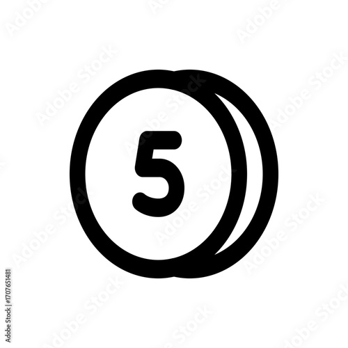A black and white graphic of the number five inside a circle with a thick outline and simple design style
