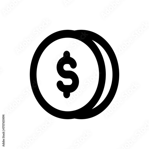 A simple black and white illustration of two coins stacked with a dollar sign on the top coin face