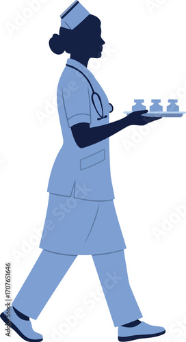 Vector art of silhouette of a nurse in uniform with a stethoscope carrying a tray, transparent background