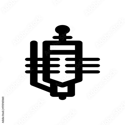 Illustration of a black syringe with a plunger and needle for medical or scientific purposes shown in detail