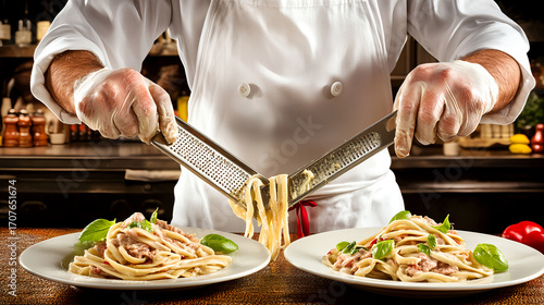 Fototapeta Naklejka Na Ścianę i Meble -  Chef preparing fresh pasta dishes italian restaurant culinary art kitchen close-up gastronomy experience