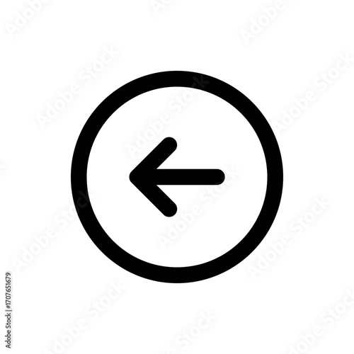Black arrow pointing left inside a black circle outline on a white background in a simple vector graphic style