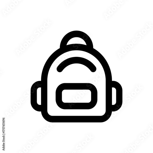 Illustration of a simple black and white backpack with rounded edges and a handle on the top side view