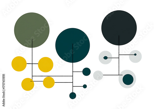 Minimalist three-color circular diagram with green, blue, and yellow geometric shapes on a white background, flat design with clear lines, symmetrical layout showing interaction
