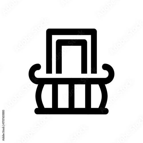 A stylized depiction of a building facade featuring a balcony with decorative elements in a minimalist design