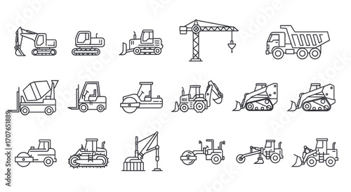 Collection of various construction vehicles and machinery, outlined in a simple, linear style.