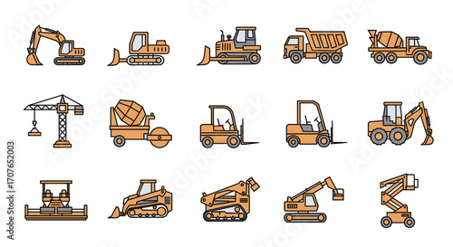 A collection of various construction vehicles and heavy machinery, depicted in a flat, illustrative style with an orange color scheme.