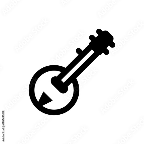 Illustration of a black banjo with a round body and a neck with tuning pegs on a white background