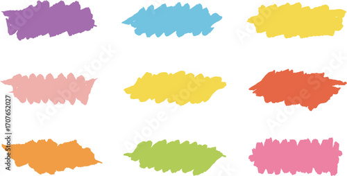 Colorful brush strokes in various shapes and hues on transparent background