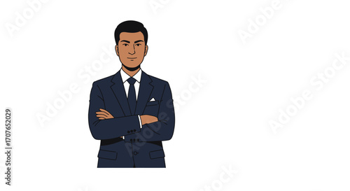 Illustration of a confident businessman in a dark suit with his arms crossed against a plain white background.