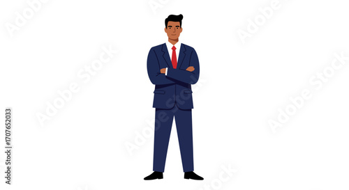 Full-length vector illustration of a confident businessman in a blue suit standing with his arms crossed on a white background.
