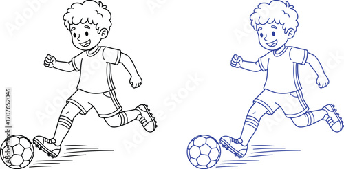 Young boy energetically kicking a soccer ball during a game