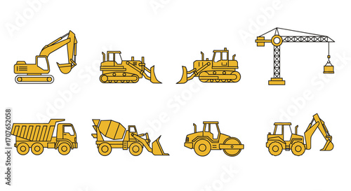 Collection of yellow construction vehicles and machinery icons.