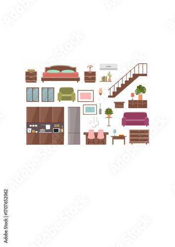 Furniture set bedroom kitchen dining room Vector.ai