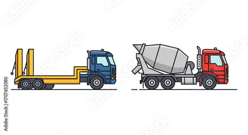 Side-by-side illustration of a heavy-duty transport truck and a concrete mixer truck.