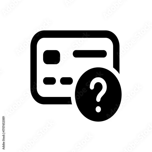 Black and white graphic of a card with rounded corners and a question mark in a circle overlaying the card