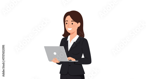 Animated professional businesswoman in a black suit standing and happily typing on a laptop computer against a white background.
