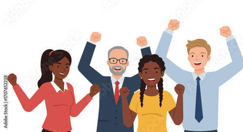 A diverse group of four business people celebrating success together with raised arms and fists in the air.