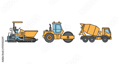 A set of three yellow construction vehicles, including an asphalt paver, a road roller, and a concrete mixer truck, shown in a flat vector style.