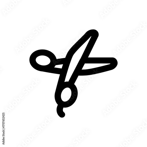 Illustration of a pair of open scissors with rounded handles and blades in a bold black outline style design
