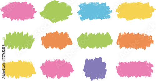 Colorful crayon strokes and splatters in various shades on transparent background