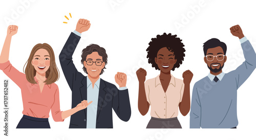 A diverse group of four smiling business people celebrating success with raised fists, expressing joy and teamwork.