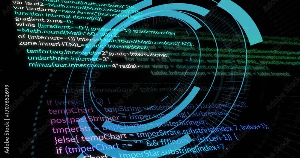Scrolling code screen starting circular HUD graphic fading in, rotating ...