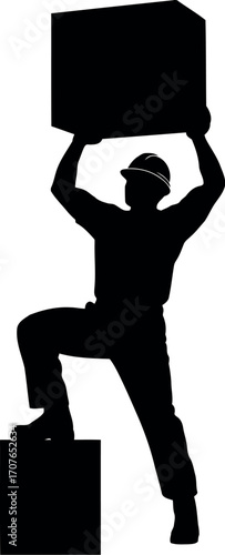 Vector art of silhouette of a construction worker lifting a heavy box, transparent background