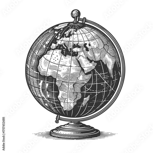 classic world globe on a stand, highlighting continents and geography in retro style sketch engraving generative ai vector illustration. Scratch board imitation. Black and white image.
