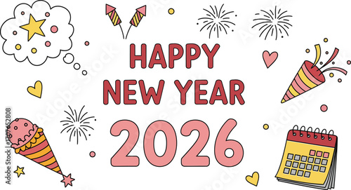 New Year 2026 celebration with festive fireworks and party poppers