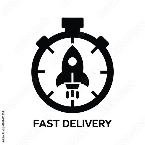 Black stopwatch shows a rocket launching, representing fast delivery on white background