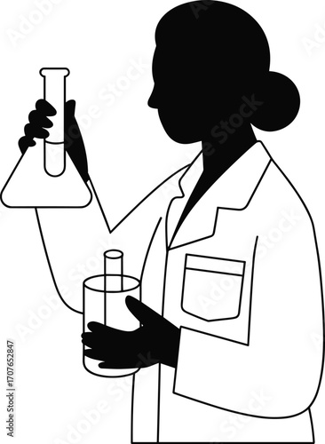 Female scientist holding laboratory glassware, chemical experiment illustration, woman researcher silhouette, science lab icon, STEM professional vector.