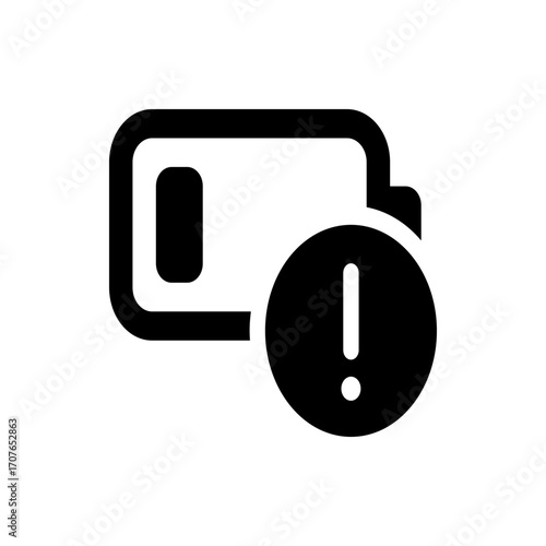 Battery icon with low charge indicator and exclamation mark in a warning circle in solid black color