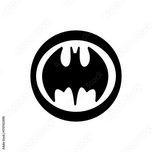 Illustration of a black bat symbol with pointed ears and wings inside an oval shape on a white backdrop