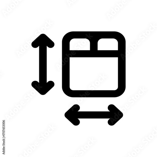 Icon depicting a bed with vertical and horizontal arrows indicating adjustable dimensions or resizing options