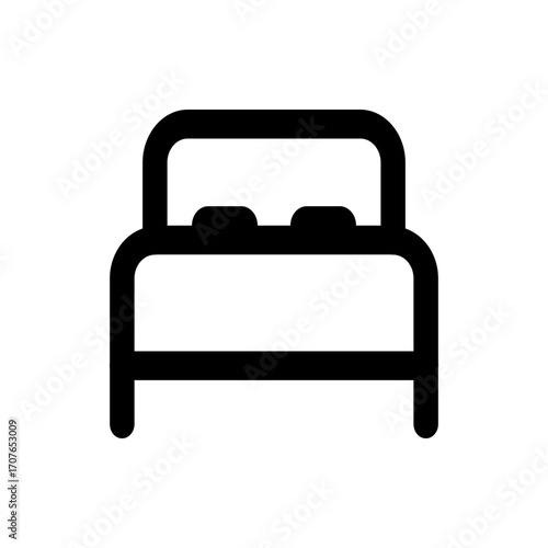 Illustration of a simple bed frame with a headboard and two pillows in a minimalist black outline style