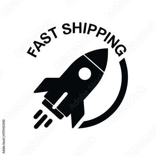 Black stylized rocket launches with the words fast shipping arranged in a circle above