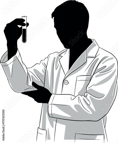 Vector art of silhouette of a scientist in a lab coat holding a test tube with liquid, transparent background