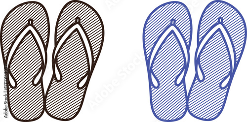 A pair of contrasting flip-flops, one dark and one blue, ready for summer fun