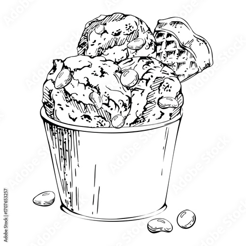 Sorbet gelato ice cream scoops with sugar pearls candy dragee and waffle slice in paper cup. Vector graphic illustration hand drawn in pen and ink. Fine dining illustration, frozen product packaging