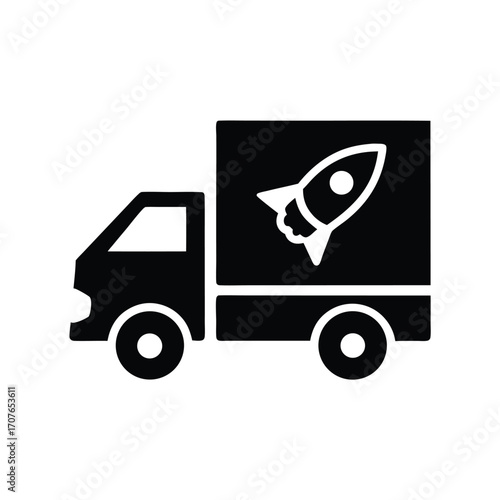 Black truck showcasing a white rocket, indicating delivery or rapid shipping concept