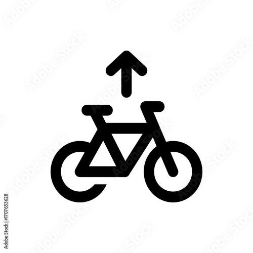 Black bicycle icon with an upward pointing arrow indicating direction or movement on a white background view