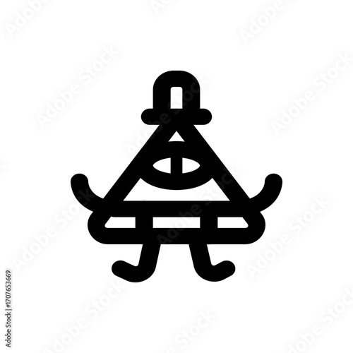 Abstract black symbol featuring a triangle with an eye, a horizontal bar, and curved elements, isolated