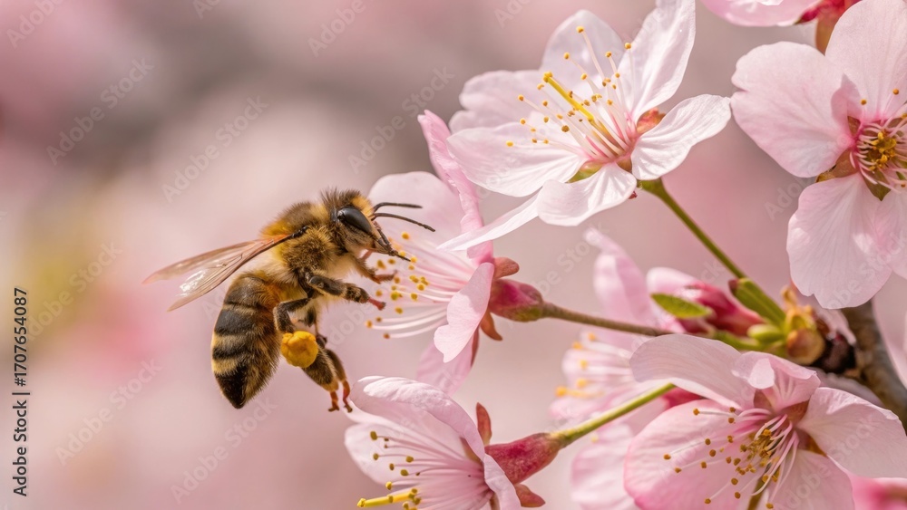 Fototapeta premium Bees and Blossom: A close-up shot of a bee collecting pollen from delicate pink cherry blossoms, capturing a moment of natural beauty and the essential role of pollination.